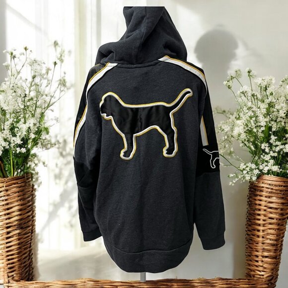 PINK Tops - Victorias Secret Pink Black Half-Zip Hoodie Large Dog Logo Sherpa Hood